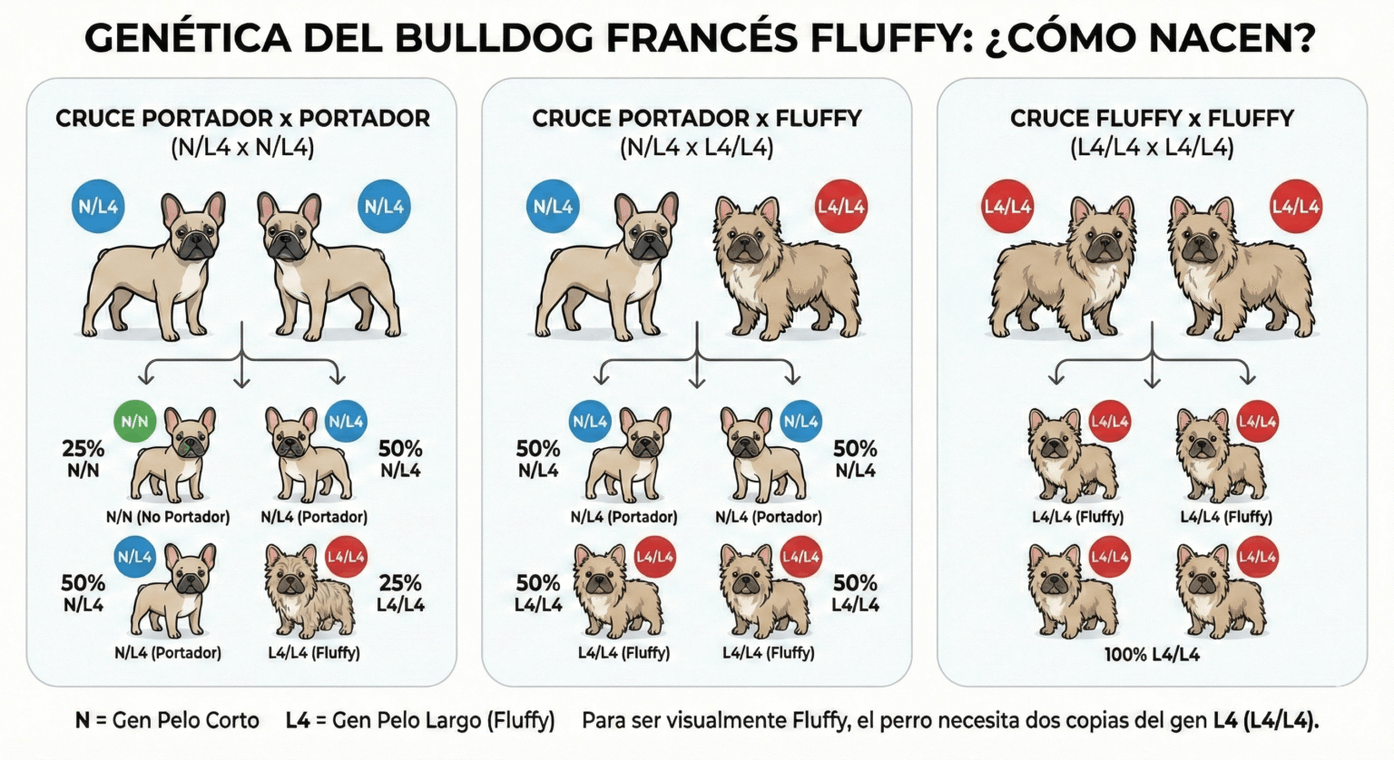 Infografía de genética del Bulldog Francés Fluffy: probabilidades de cachorros de pelo largo según el cruce de los padres y el gen L4.